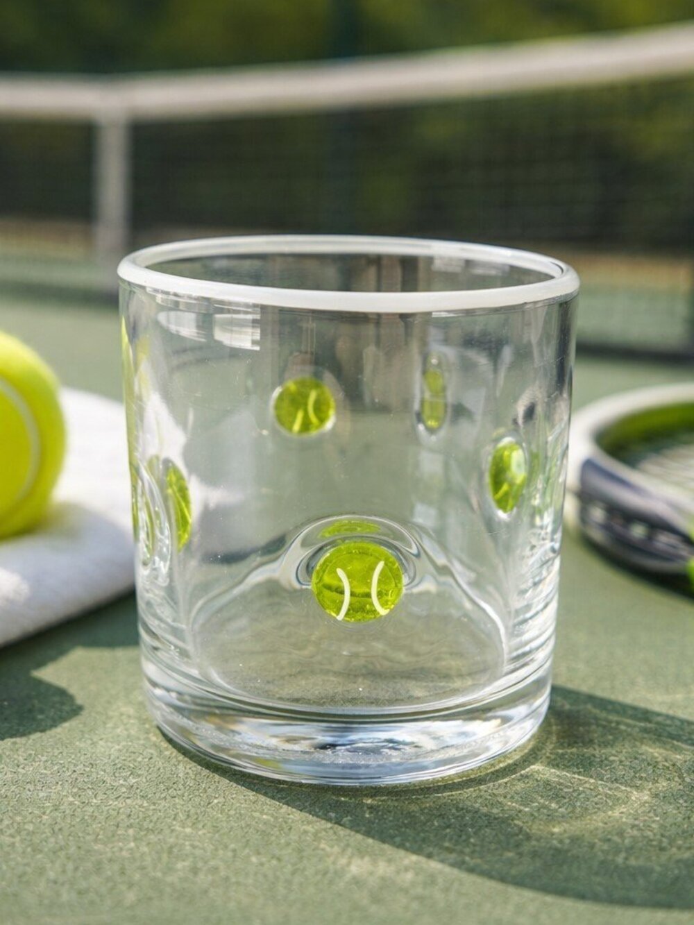 New Glass White & Green Tennis Ball Sports Tumbler Beverage Glass Cup White Rim